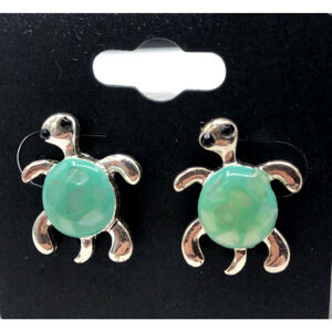 Sea Turtle Earrings Green Resin Pearlescent Confetti Silver Tone Studs